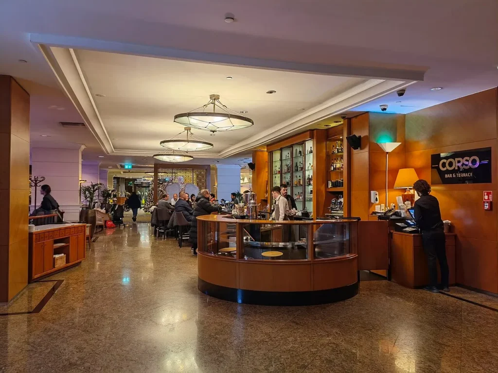 Interior view of a bar and lounge area inside the InterContinental Budapest.
