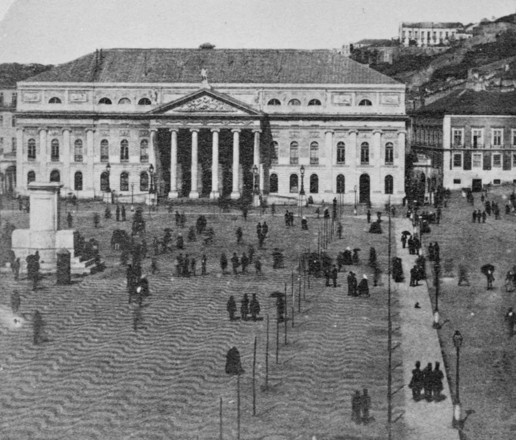 First statue of Pedro IV in Rossio Square, Lisbon, known as the “Galheteiro.”