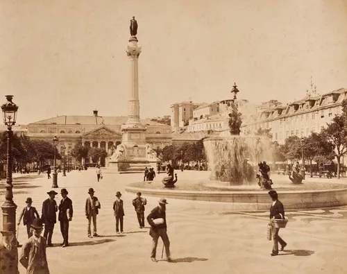 Historic photograph of Peter IV Square, commonly known as Rossio, in Lisbon, circa 1890.