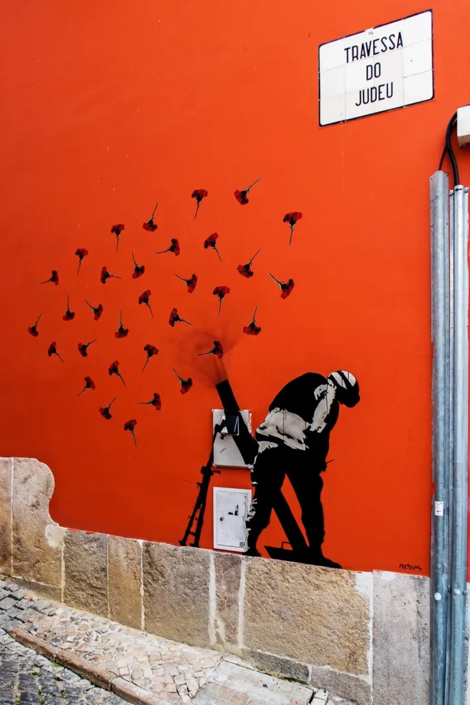 Street mural on Travessa do Judeu, Lisbon, beneath the street sign.