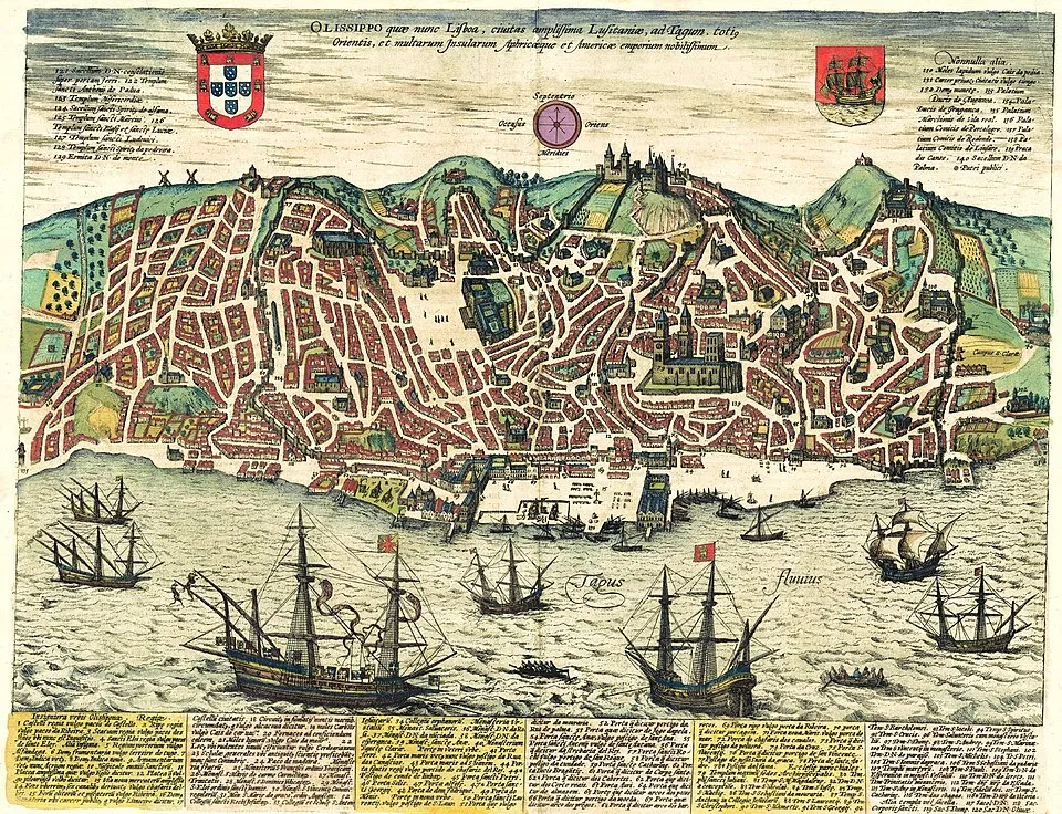 Historical view of Lisbon in 1598, showing the city’s waterfront, dense urban fabric, and surrounding hills.