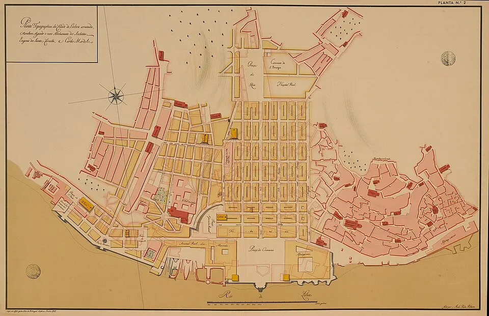Historical map of Lisbon’s Pombaline Baixa, showing the planned street grid of the rebuilt lower city after the 1755 earthquake.