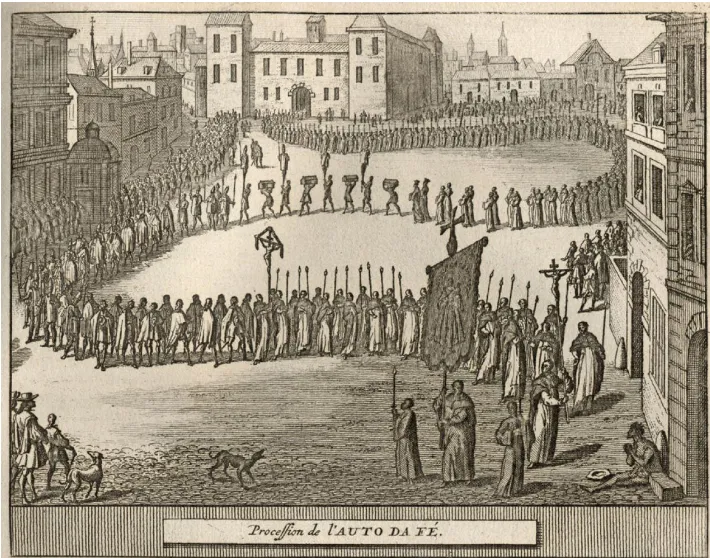 Historical depiction of an auto-da-fé in Rossio Square, Lisbon.