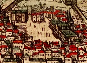 Detail of an early modern drawing of Rossio Square in Lisbon.