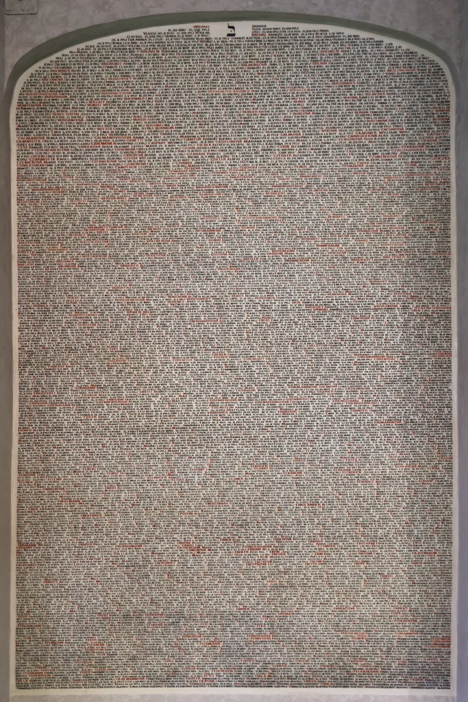 Memorial inscriptions with Shoah victims’ names inside the Pinkas Synagogue.