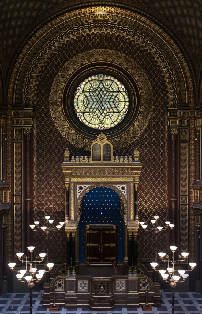 Interior of the Spanish Synagogue with Torah ark and bimah.